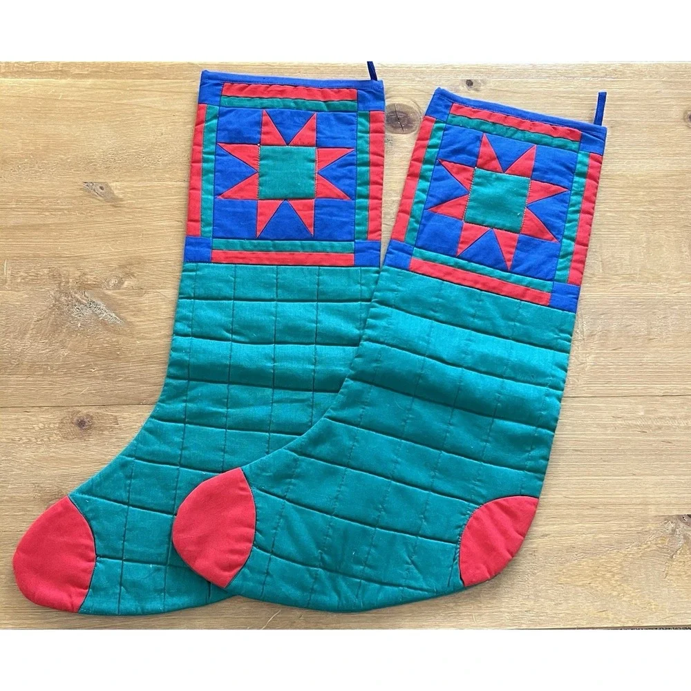 Set of 2 Quilted Christmas Stockings Patchwork Star Farmhouse Barn Quilt Rustic